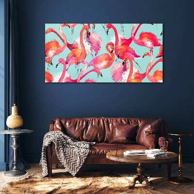 Glasbild Rosa Flamingos auf türkisfarbenem Hintergrund