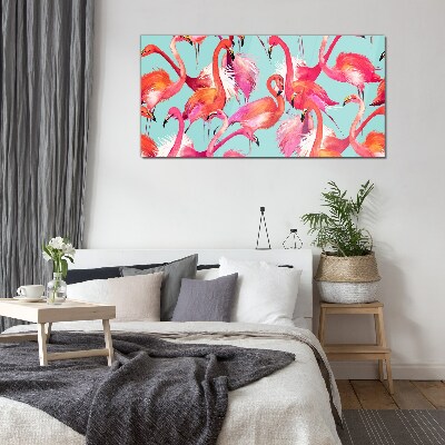 Glasbild Rosa Flamingos auf türkisfarbenem Hintergrund