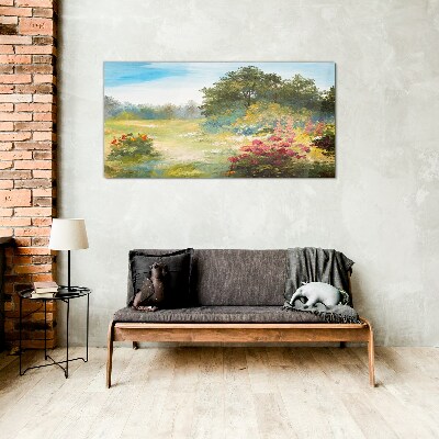 Glasbild Blumenlandschaft eines Sommermorgens