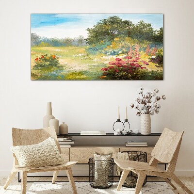 Glasbild Blumenlandschaft eines Sommermorgens