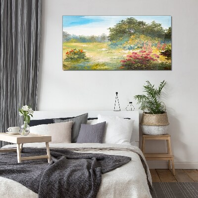 Glasbild Blumenlandschaft eines Sommermorgens
