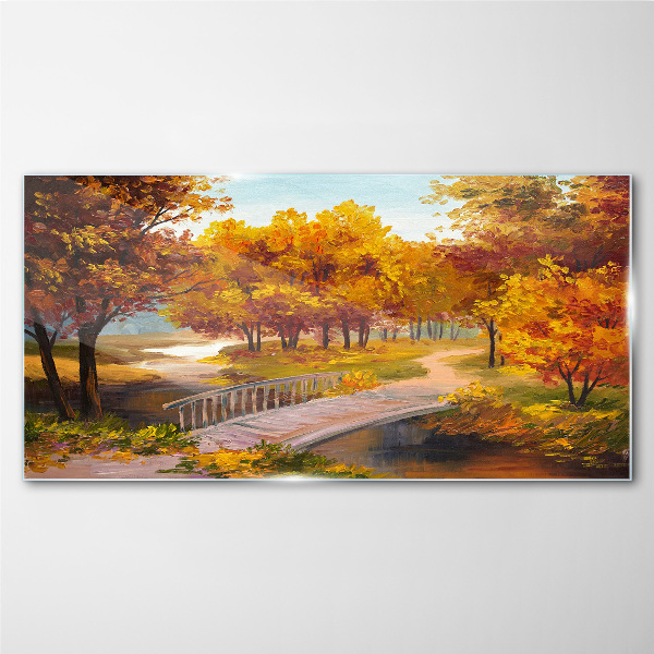 Glasbild Goldene Brücke im Herbstpark