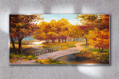 Glasbild Goldene Brücke im Herbstpark