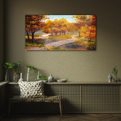 Glasbild Goldene Brücke im Herbstpark
