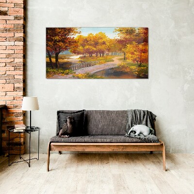 Glasbild Goldene Brücke im Herbstpark