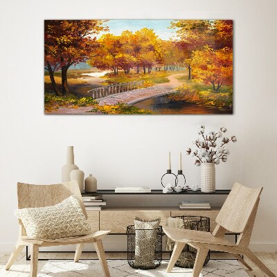 Glasbild Goldene Brücke im Herbstpark