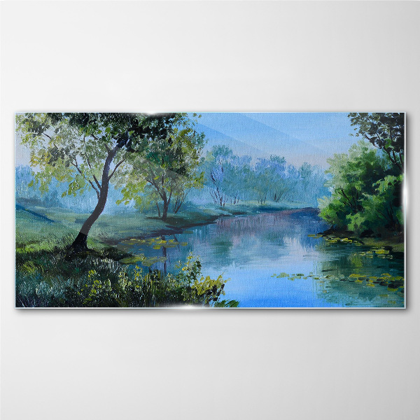 Glasbild Eine friedliche Landschaft am Fluss