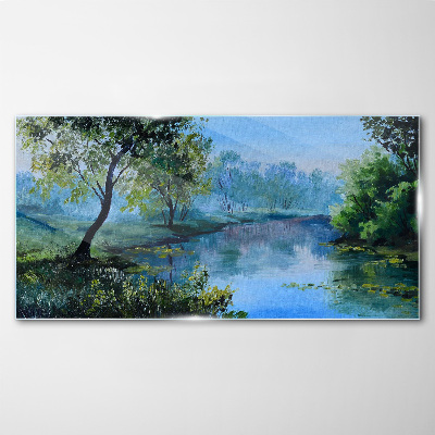 Glasbild Eine friedliche Landschaft am Fluss