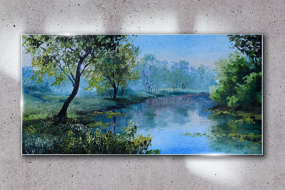 Glasbild Eine friedliche Landschaft am Fluss
