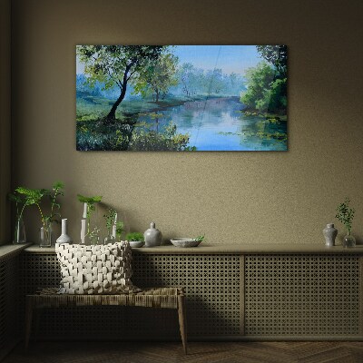 Glasbild Eine friedliche Landschaft am Fluss