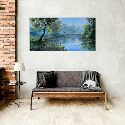 Glasbild Eine friedliche Landschaft am Fluss