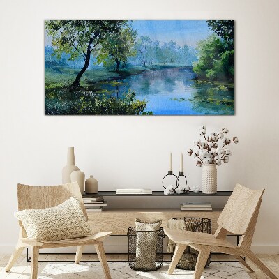 Glasbild Eine friedliche Landschaft am Fluss