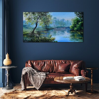 Glasbild Eine friedliche Landschaft am Fluss