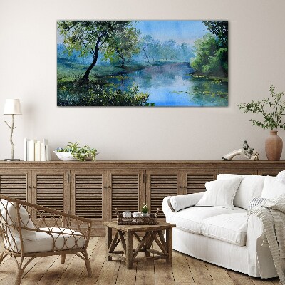 Glasbild Eine friedliche Landschaft am Fluss