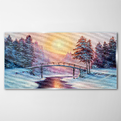 Glasbild Malerei Winterbäume Brücke