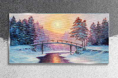 Glasbild Malerei Winterbäume Brücke