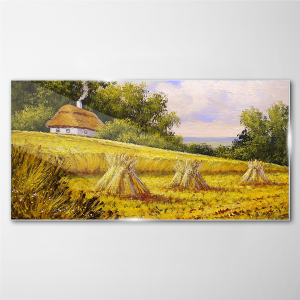 Glasbild Goldene Felder und ein Landhaus