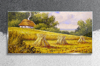 Glasbild Goldene Felder und ein Landhaus