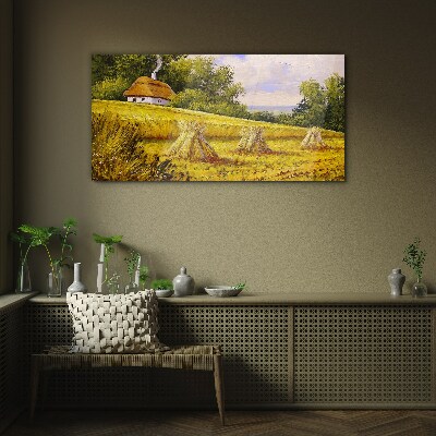 Glasbild Goldene Felder und ein Landhaus