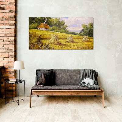 Glasbild Goldene Felder und ein Landhaus
