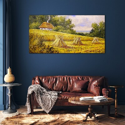 Glasbild Goldene Felder und ein Landhaus