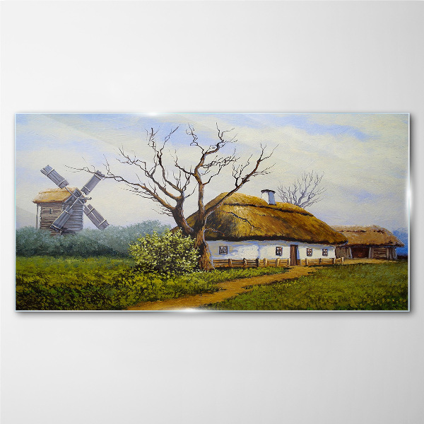 Glasbild Landschaft mit Windmühle