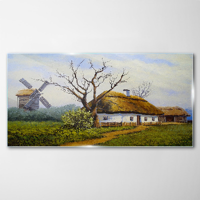 Glasbild Landschaft mit Windmühle