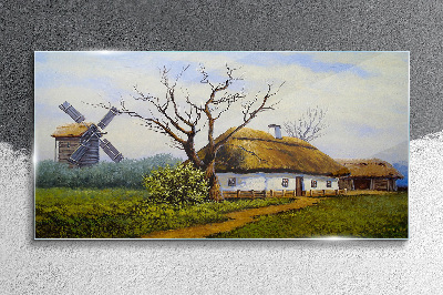 Glasbild Landschaft mit Windmühle