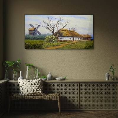 Glasbild Landschaft mit Windmühle