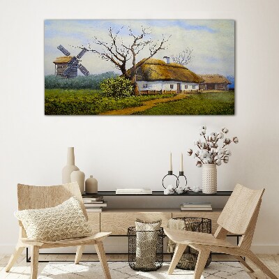 Glasbild Landschaft mit Windmühle