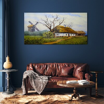 Glasbild Landschaft mit Windmühle