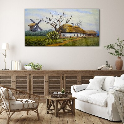 Glasbild Landschaft mit Windmühle
