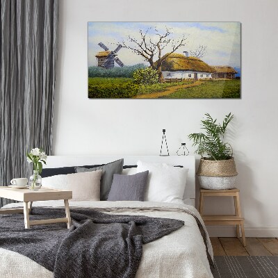 Glasbild Landschaft mit Windmühle