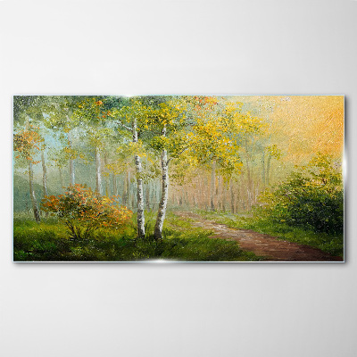 Glasbild Waldweg in goldenen Nebel