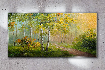 Glasbild Waldweg in goldenen Nebel