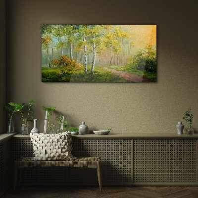 Glasbild Waldweg in goldenen Nebel
