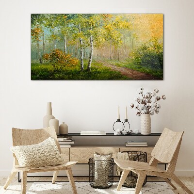 Glasbild Waldweg in goldenen Nebel