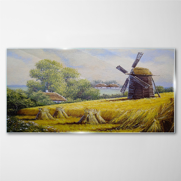 Glasbild Ländliche Landschaft mit einer Windmühle