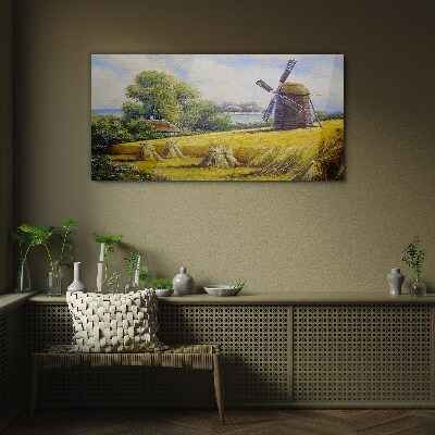 Glasbild Ländliche Landschaft mit einer Windmühle