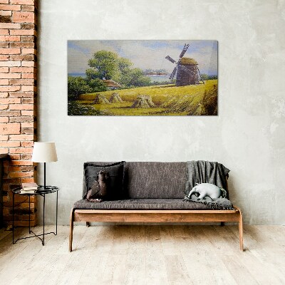 Glasbild Ländliche Landschaft mit einer Windmühle
