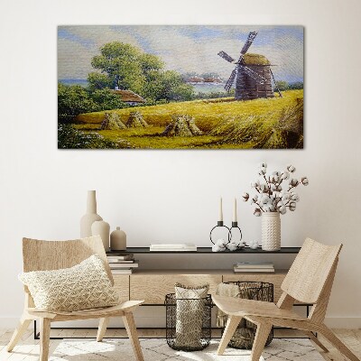 Glasbild Ländliche Landschaft mit einer Windmühle