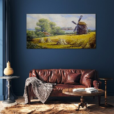 Glasbild Ländliche Landschaft mit einer Windmühle