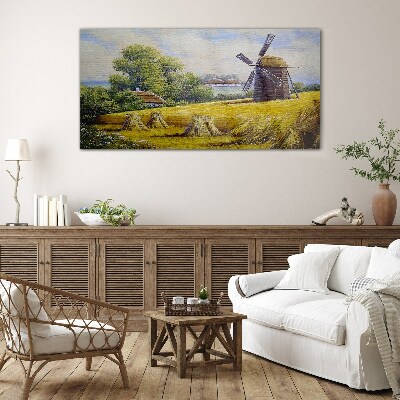 Glasbild Ländliche Landschaft mit einer Windmühle
