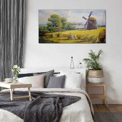 Glasbild Ländliche Landschaft mit einer Windmühle