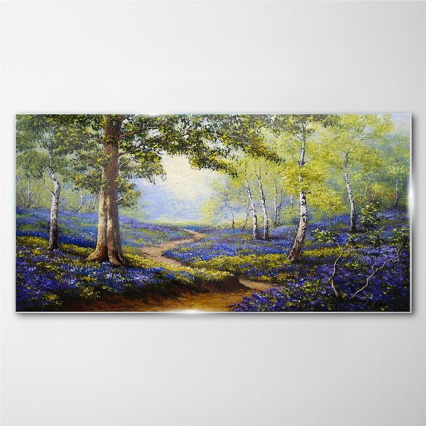 Glasbild Eine Blumenallee in einer Waldlandschaft