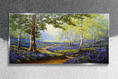 Glasbild Eine Blumenallee in einer Waldlandschaft
