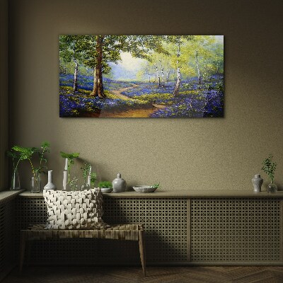 Glasbild Eine Blumenallee in einer Waldlandschaft