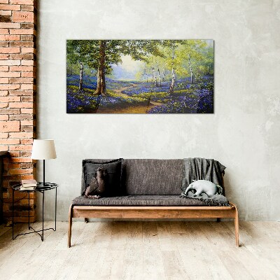 Glasbild Eine Blumenallee in einer Waldlandschaft