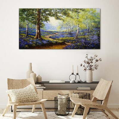 Glasbild Eine Blumenallee in einer Waldlandschaft
