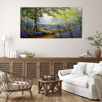 Glasbild Eine Blumenallee in einer Waldlandschaft